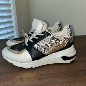 Steve Madden Black, Gold, and White Snakeskin Sneakers